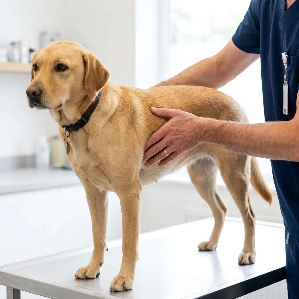 Veterinario evaluando la condición corporal de un perro